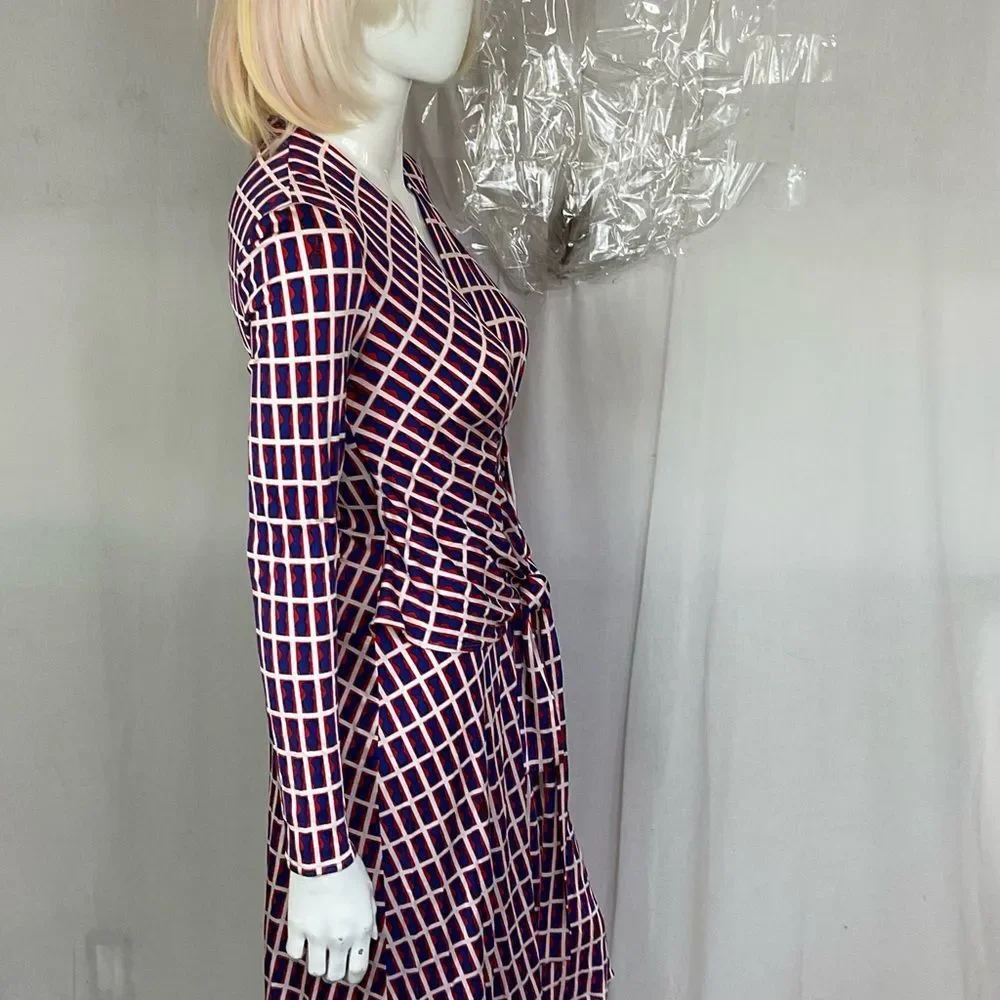 Issa London Blue Red White Geometric 100% Silk Long Sleeve Dress Size 6